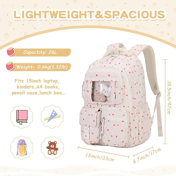 Corduroy Backpack Kids Backpack for Girls School Bags for Middle School Students Book Bag for Elementary Primary Kawaii Ita Backpack, Beige Strawberry-CubbioJoy