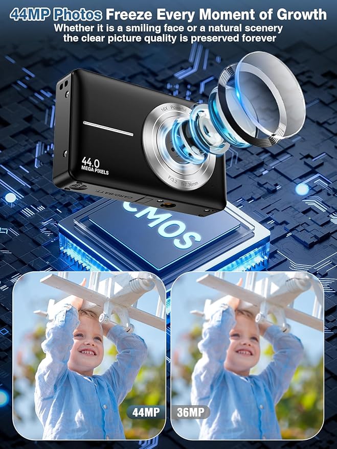 Digital Camera,FHD 1080P Kids Camera 44MP Point and Shoot Digital Cameras with 32GB Card,16X Zoom,Anti-Shake,Date Stamp,Compact Small Cameras Photography for Kids Student Teen Girl Boy(Black)-CubbioJoy