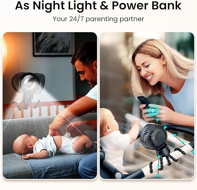 20000mAh Portable Stroller Fan with Auto Oscillating, Extended Anti-Slip Detachable Flexible Tripod, Power Bank & LED Light, 3-Speed Quiet Long Time Cooling Clip On Fans for Baby Crib Car Seat Travel-CubbioJoy