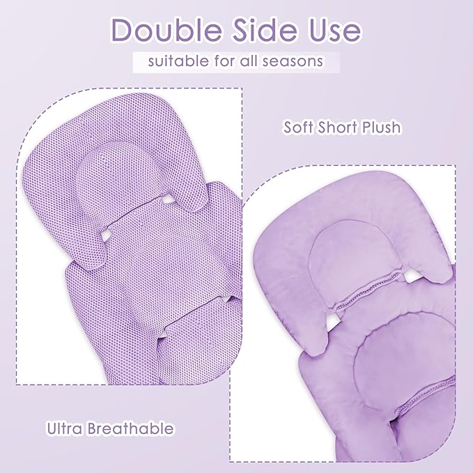Infant Car Seat Insert for Newborn Girls Boys, Summer Mesh Baby Carseat Head Support with Strap Pads, Soft Reversible Baby Car Seat Insert Cushion Pad for Car Seat, Stroller, Bouncer, Swing, Purple-CubbioJoy