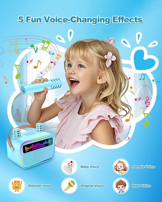 Karaoke Machine for Kids Adults, Birthday Gifts Toys for Girls Boys Age 3-12+,Mini Portable Bluetooth Singing Speaker with 2 Wireless Microphones & LED Lights (Blue)-CubbioJoy