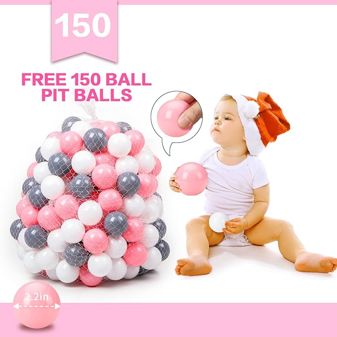 Baby Ball Pit for Toddler with 150 Balls, Kids Pop Up Play Tent for Girls, Princess Toys for Children Indoor & Outdoor Playhouse with Carry Bag (Celadon: Pink/White/Gray, 109x90cm/150 Balls)-CubbioJoy