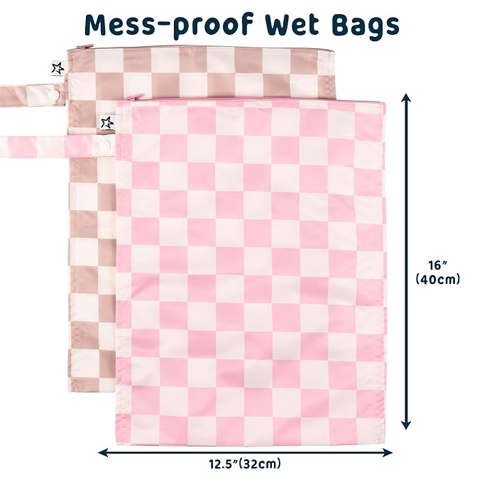 Tiny Twinkle Mess-Proof Waterproof Wet Dry Bag | 2-Pack Reusable Wet Bags for Swimsuits & Baby Clothes | Leakproof Wet Bag for Travel & Diaper Changes for Baby (Pink, Brown Checkers)-CubbioJoy