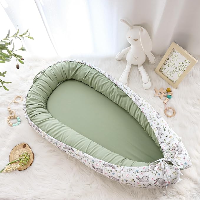 Baby Lounger Cover for Boys Girls, Reversible Baby Nest Cover, Adjustable Baby Lounger Replaceable Cover for Infant Newborn, Portable and Machine Washable, Cotton Green Rabbit Cover Only-CubbioJoy