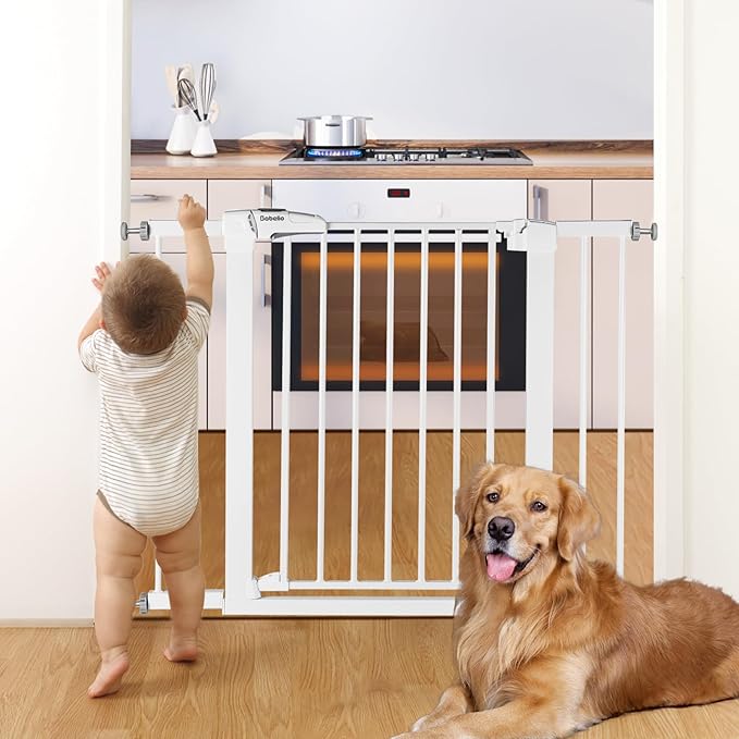 Babelio Metal Baby Gate, 29-43" Auto Close Easy Install Pet Gate, Extra Wide Walk Thru Child Safety Gate, 30" Tall Pressure Mounted Dog Gate for Doorways & Stairs, White-CubbioJoy