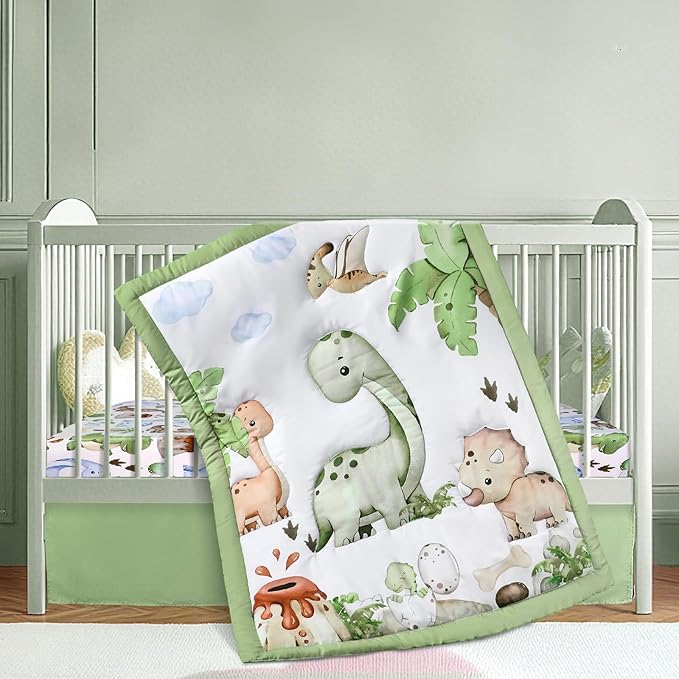 3 Pcs Baby Crib Bedding Set Safari Animals Dinosaurs Bear Woodland Animals Jungle Crib Set Includes Quilt, Fitted Sheet, Skirt for Baby Boy Girl(Green,Dinosaur)-CubbioJoy