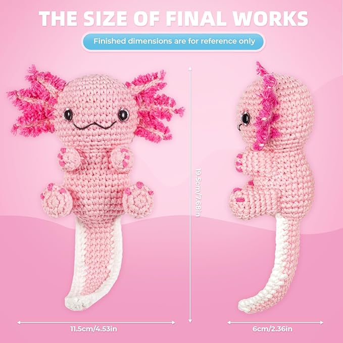 Crochet Kit for Beginners, Learn to Crochet, Include Easy Knitting Soft Yarn, Step-by-Step Video Tutorial, Hook, Holiday Birthday Gift for Adults and Kids(Happy Axolotl)-CubbioJoy