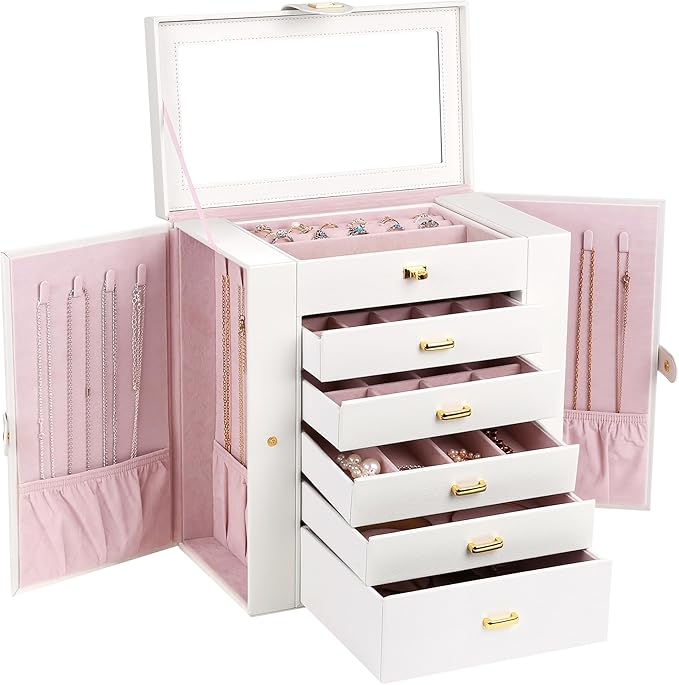 Kendal Extra Large Jewelry Box Jewelry Case PU Leather 6 Tier 5 Drawers Large Storage Capacity with Mirror Jewelry Storage Organizer Great Gift Also Good For Watches LJC-SHD5CM(White)-CubbioJoy