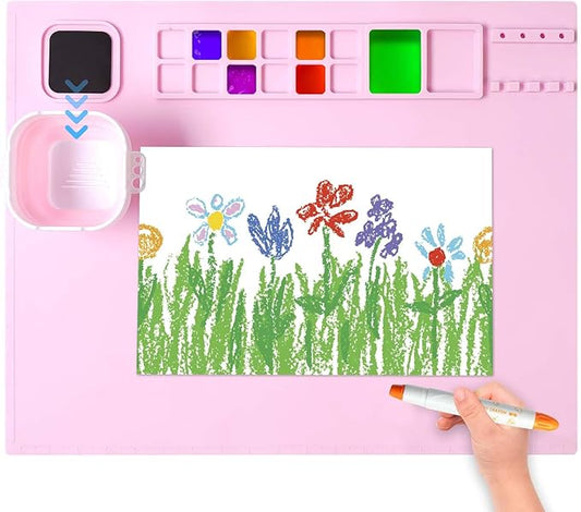 AWOKE Silicone Painting Mat for Table Protection - 20"X16" Washable Art Mat with 1 Water Cup for Kids - Craft Mat has 12 Color Dividers - 2 Paint Palettes (Pink), Toddler Activities, Girl Boy Gifts-CubbioJoy