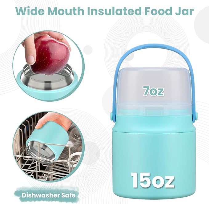 2-in-1 Insulated Food Jar & Snack Container - 15oz Kids Soup Thermos for Hot Food with Handle and Spoon, Leak Proof Reusable Toddler Snack Box, Perfect for School & Travel, Tiffany Blue-CubbioJoy