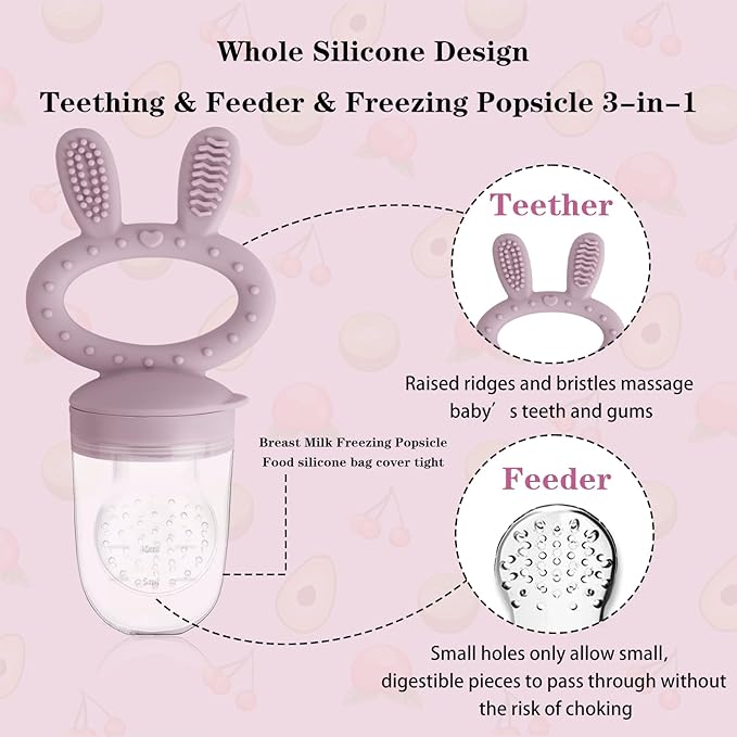 Baby Solids/Frozen Fruit Feeder Pacifier, Infant Teether Toy 4M+, BPA-Free Silicone Pouch & Nipple, Safely Introduce Solids, Teething Relief, 2-Pack (Rabbit - Pink Purple, S/M/L)-CubbioJoy
