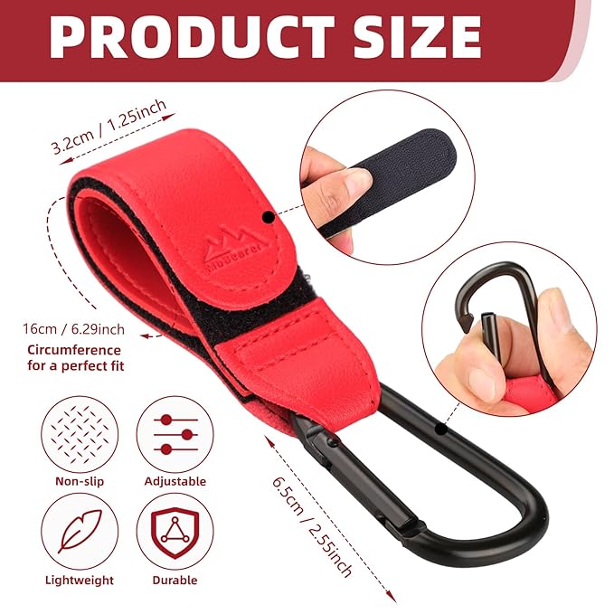 Baby Stroller Hooks Bag Hooks for Hanging Diaper Bags Multipurpose Hooks for Grocery Shopping Bags Premium Vegan Leather Pram Straps 2 Pcs (red)-CubbioJoy