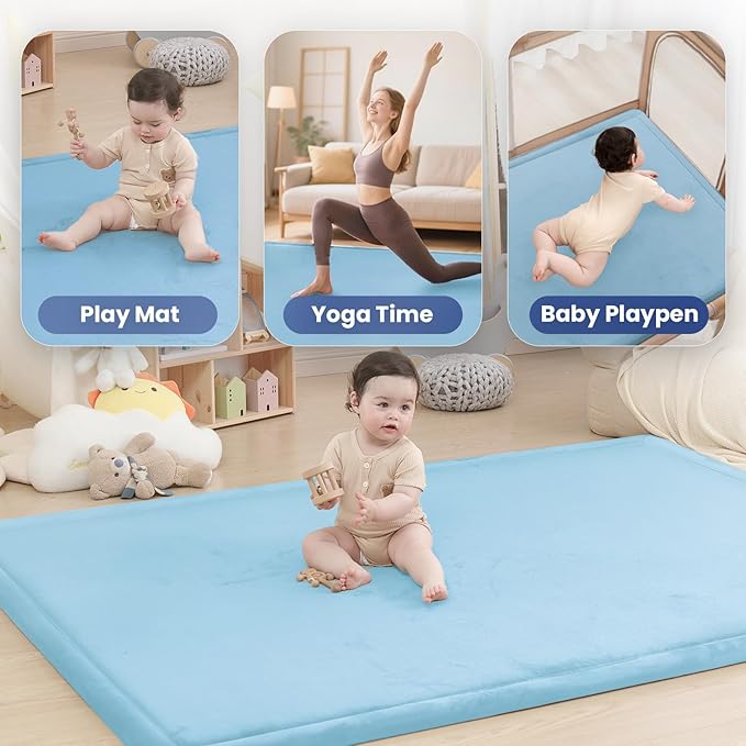 Baby Play Mat for Floor,1.3" Thick Memory foam Tummy Time Mat for Toddlers,Infants,kids,Water-Repellent Soft Nursery Rug,Extra Large Non Slip for Crawling&Yoga,Tatami Style for Living Room(Light Blue)-CubbioJoy