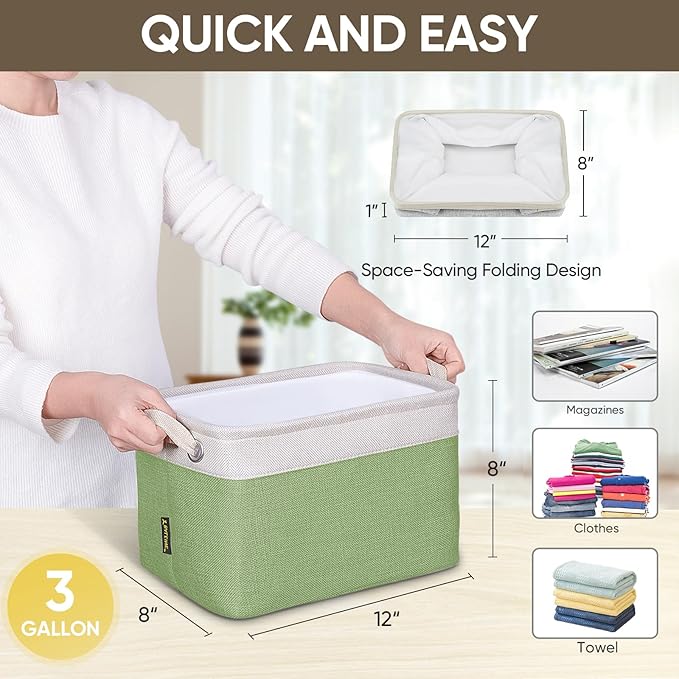 BALEINE 4 Pack Fabric Storage Bins for Shelves, Linen Storage Baskets for Organizing, Decorative Closet Bins for Clothes, Home (Green, 12"x8"x8")-CubbioJoy