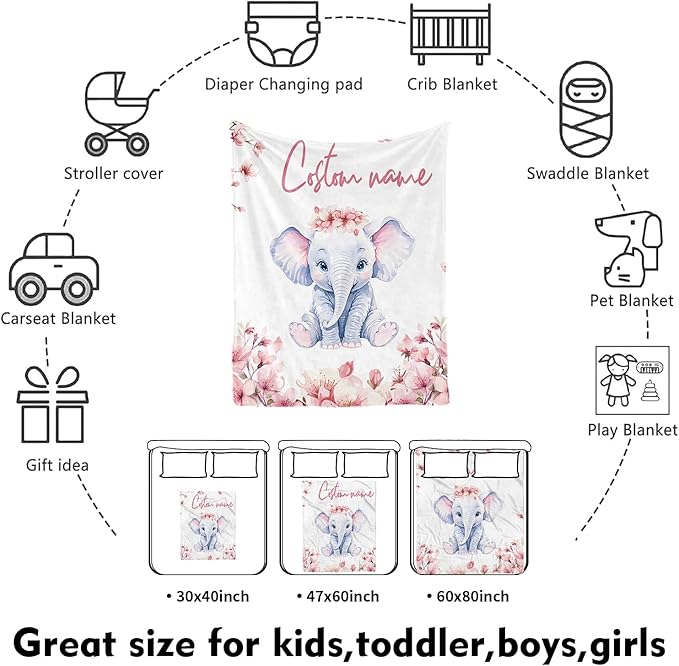 Custom Nursery Crib Bedding Set: 4 Piece Pink Flower Elephant Pattern Baby Crib Sets for Girls with Personalized Name - Toddler Double Layer Blanket Set, Comfortable Crib Bed Sheets for Baby Toddlers-CubbioJoy