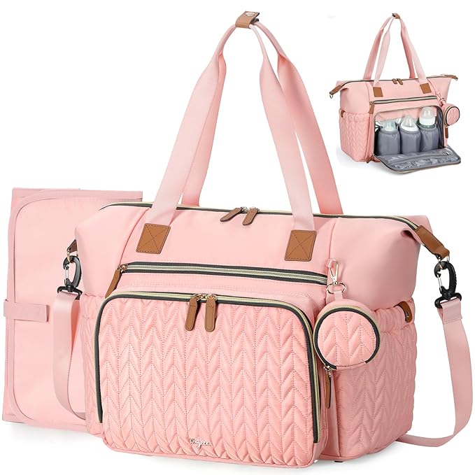 Diaper Bag Tote, Large Diaper Bags Waterproof, Hospital Bag for Labor Delivery, Baby Bag with Pacifier Case, Travel Diaper Tote with Changing Pad, Pink-CubbioJoy