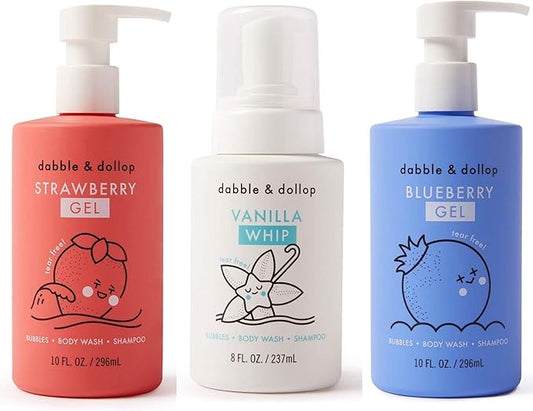 Dabble & Dollop USA Bundle, 3-in-1 Natural Bubble Bath, Body Wash & Shampoo for Kids, USA-Made, Paraben & Sulfate Free, Vegan, Tear-Free, Strawberry, Vanilla & Blueberry (Set of 3)-CubbioJoy