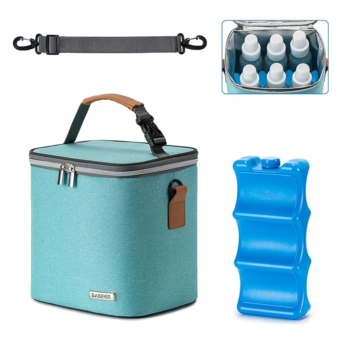 Breastmilk Cooler Bag with Ice Pack Fits 6 Baby Bottles Up to 9 Ounce, Baby Bottle Bag with Shoulder Strap for Nursing Mom Daycare, Aqua-CubbioJoy