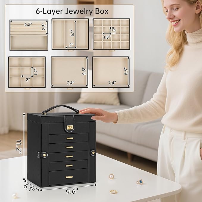 AKOZLIN 6-Tier Jewelry Box Organizer Functional 5 Drawers Leather Jewelry Storage Case for Women Girls Ring Necklace Earring Bracelet Holder Organizer with Mirror Black-CubbioJoy