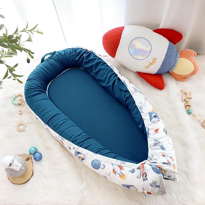 Baby Lounger Cover for Boys Girls, Reversible Baby Nest Cover, Adjustable Baby Lounger Replaceable Cover for Infant Newborn, Portable and Machine Washable, Cotton Blue Rocket Cover Only-CubbioJoy