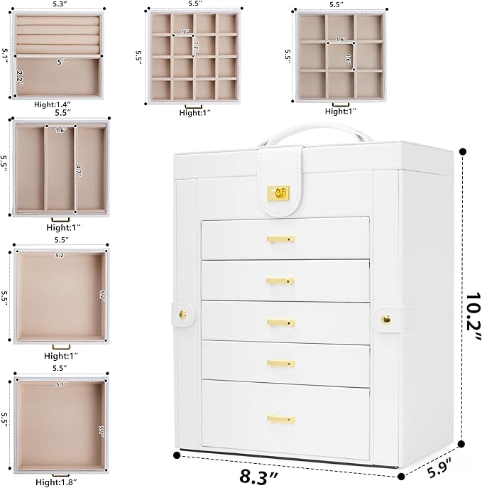 AKOZLIN Functional 6-Tier Jewelry Box Organizer with 5 Drawers Leather Jewelry Storage Case for Women Girls Ring Necklace Earring Bracelet Holder Organizer with Mirror White-CubbioJoy