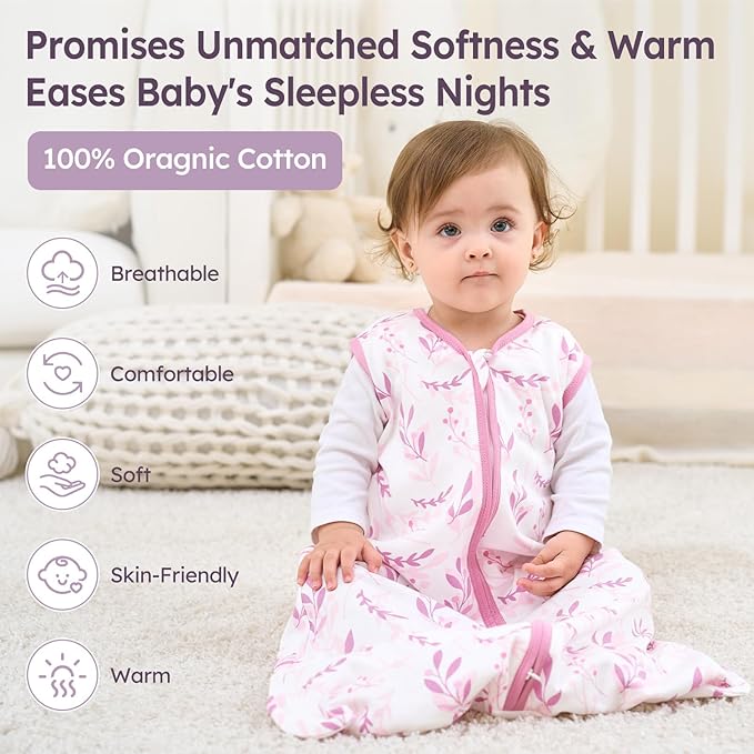 Baby Sleep Sack 12-18 Months 3 Pack 100% Cotton Lightweight 0.5 TOG Wearable Blanket Baby Sleep Bag with 2-Way Zipper for Newborn Infant Purple Leaf-CubbioJoy