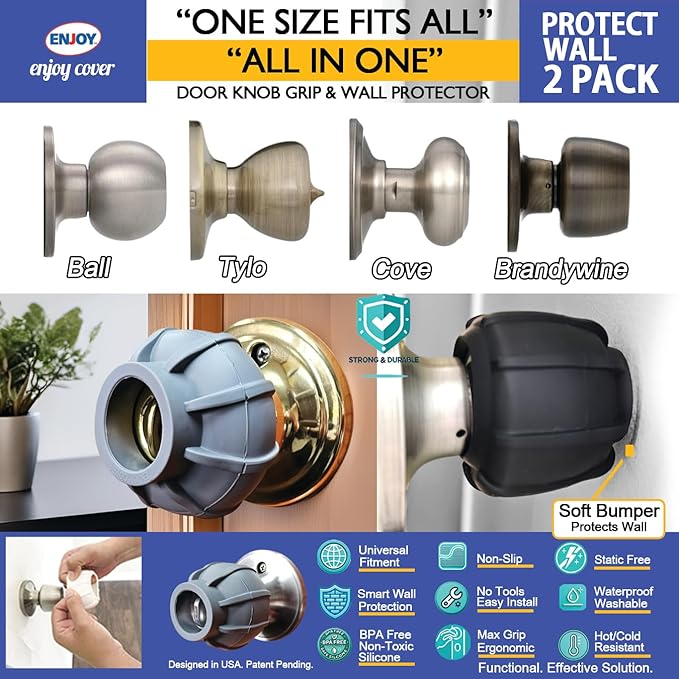 Door Handle Grip Doorstop Knob Stopper Cover, Set of 2 Door Knob Grips Universal Size (Gray)-CubbioJoy