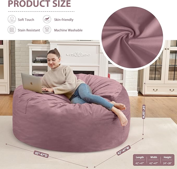 4FT Bean Bag Chair, Large Bean Bag Chairs with Memory Foam Filled, Fluffy Beanbag Sofa with Dutch Velvet Cover, Round BeanBag Chairs for Living Room, Playroom - Dusty Pink-CubbioJoy