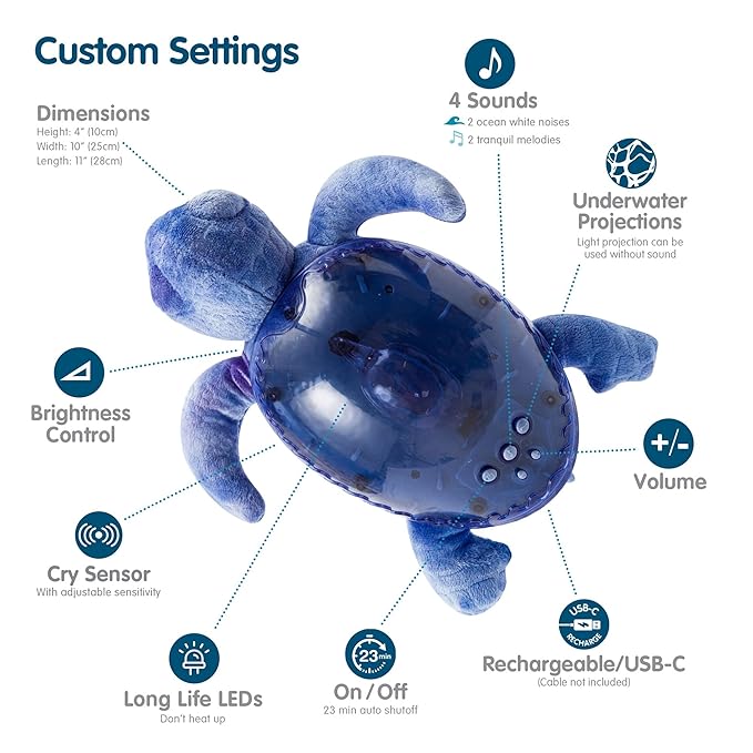 Cloud b Ocean Projector Nightlight with 2 White Noises & 2 Soothing Sounds | Adjustable Settings | Cry Sensor | Tranquil Turtle - Ocean (Rechargeable)-CubbioJoy