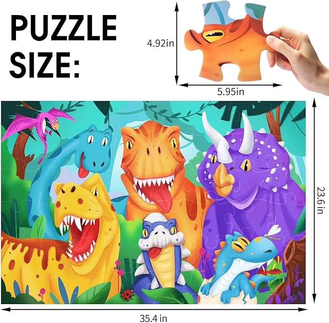 Jumbo Floor Puzzle for Kids Dinosaur Jigsaw Large Puzzles 48 Piece Ages 3-6 for Toddler Children Learning Preschool Educational Intellectual Development Toys 4-8 Years Old Easter Gift for Boy and Girl-CubbioJoy