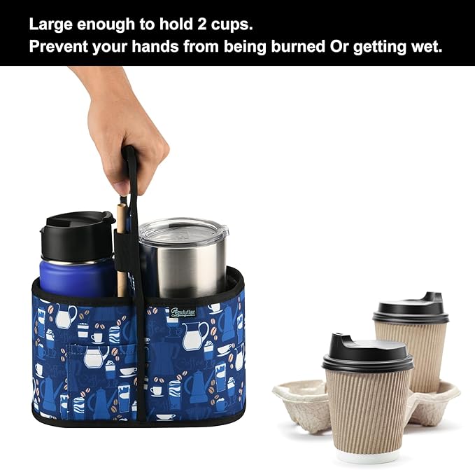 Beautyflier Drink Carrier with Handle for Delivery Reusable Insulated Coffee Cup Carrier Portable Cup Holder with Handle Organizer Tote Bag for Hot & Cold Drinks (2 Cup, Pattern2)-CubbioJoy