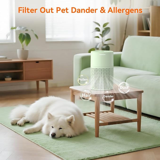 AIRROMI Pets Air Purifier for Home Allergies,Up to 660 ft².Yellow Deodorizing Activated Carbon Filter,With Fragrance Sponge for Better Sleep,Night Light,Pet Dander,Smoke,Odors,Air Cleaner A2002 Green-CubbioJoy