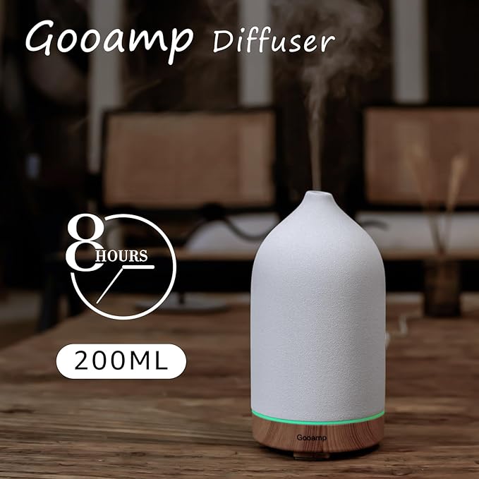 200ML Ceramic Essential Oil Diffuser - Ultrasonic Aromatherapy & Humidifier with 7-Color LED Lights, Auto Shut-Off, Wood Grain Base, 1H/3H/6H Timer | Scent for Home, Office, Yoga-CubbioJoy