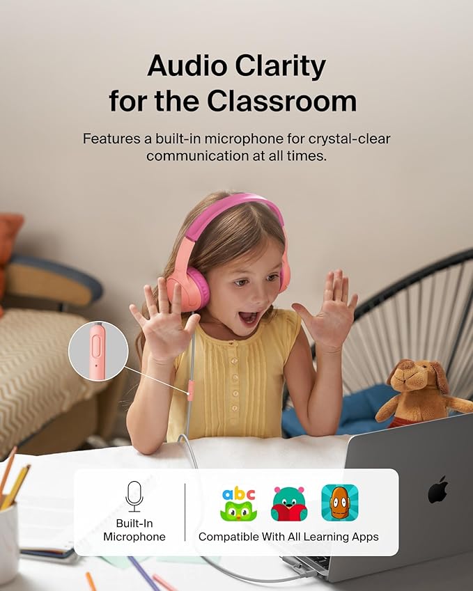 Belkin SoundForm Mini Kids Wired Headphones w/USB C to 3.5mm Dongle, Built-in Mic & Fun Stickers, 85dB Max Volume – for Online Learning, Travel, Compatible w/iPhone 16, iPad, Galaxy S25, etc - Pink-CubbioJoy