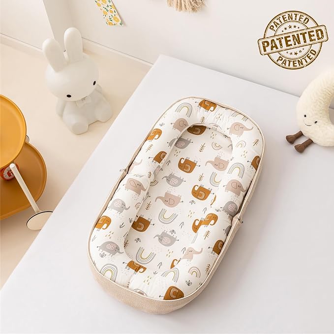Baby Lounger, Foldable Infant Nest Pillow with Soft Memory Foam Mat, Cover with Adorable Pattern, Converts to Backpack for Easy Travel, 0-12 Months, White-CubbioJoy