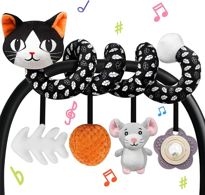 Car Seat Toys for Babies 0-6 Months,Hanging Rattle Toys for Crib Mobile, Baby Spiral Hanging Stroller Black and White High Contrast Toys for Newborn 0 3 6 9 12 Months Baby Boys Girls (Cat)-CubbioJoy