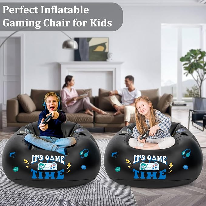 Inflatable Gaming Chair for Kids, Floor Bean Bag Chair for Teens - Boys Room Furniture with Cup Holder and Side Pocket, Inflatable Gaming Couch for Boys Room, Cool Kids Blow Up Couch Decor for Teens-CubbioJoy