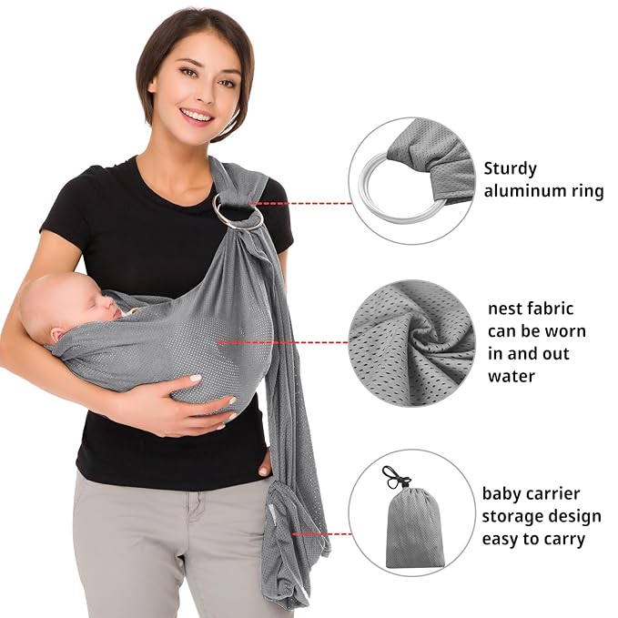 CUBY Water Baby Sling Carrier Lightweight Breathable Mesh Baby Ring Slings, Adjustable Quick-Drying Ring Sling Baby Carrier for Newborn Kids Toddlers Summer Swimming Pool Beach(Light Gray)-CubbioJoy