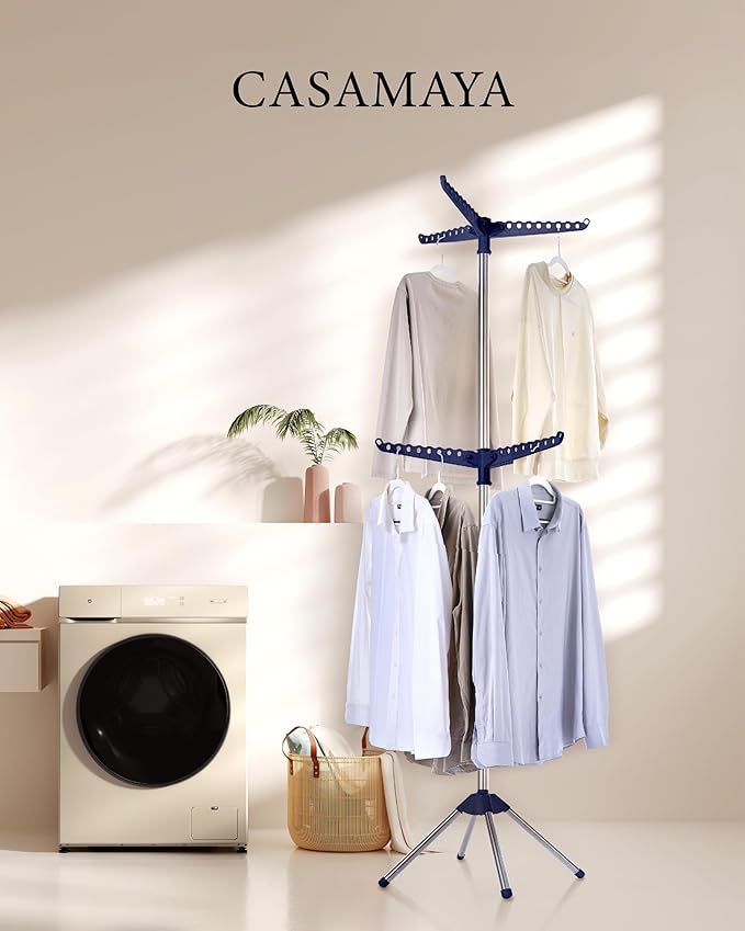 Clothes Drying Rack Foldable, 74.8 inch 2 Tier Laundry Drying Rack with Rotating Clothes Rail for 54 Pieces of Clothes, Space Saving, Indoor, Stainless Steel, Blue and Silver CDR002Q01-CubbioJoy