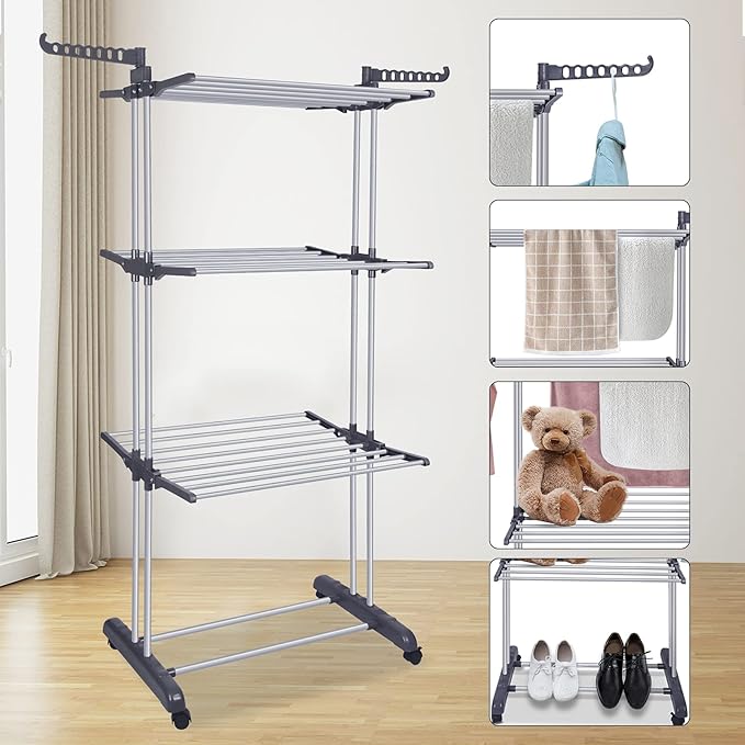 Bigzzia Clothes Drying Rack Folding Drying Rack Clothing 4 Tier Clothes Horses Rack Stainless Steel Laundry Drying Rack with Two Side Wings Grey-CubbioJoy