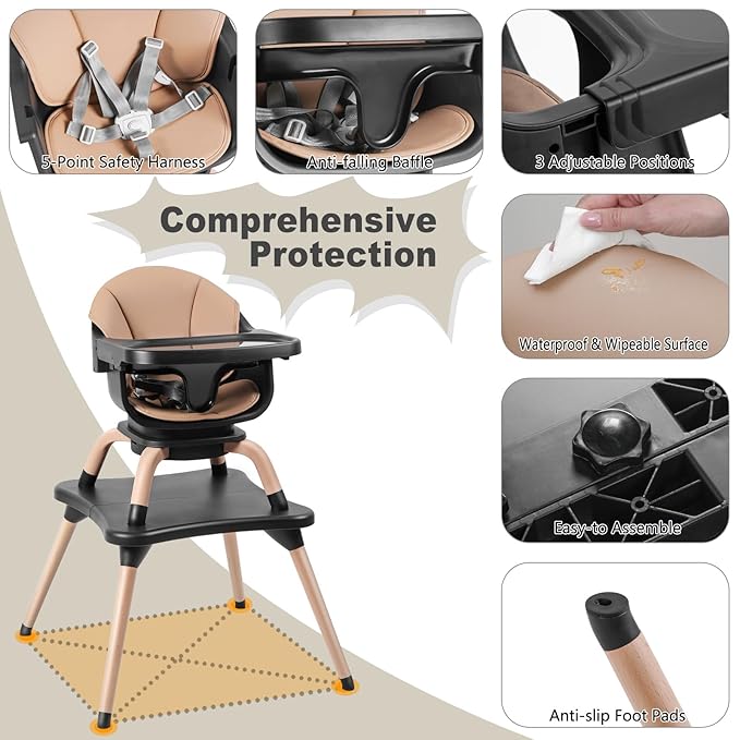 Baby High Chair, 7 in 1 Convertible High Chairs for Babies and Toddlers, Kids Learning Table, Building Block Table, Toddler Dining Chair with 360° Rotating Seat, 5-Point Safety Harness (Black)-CubbioJoy