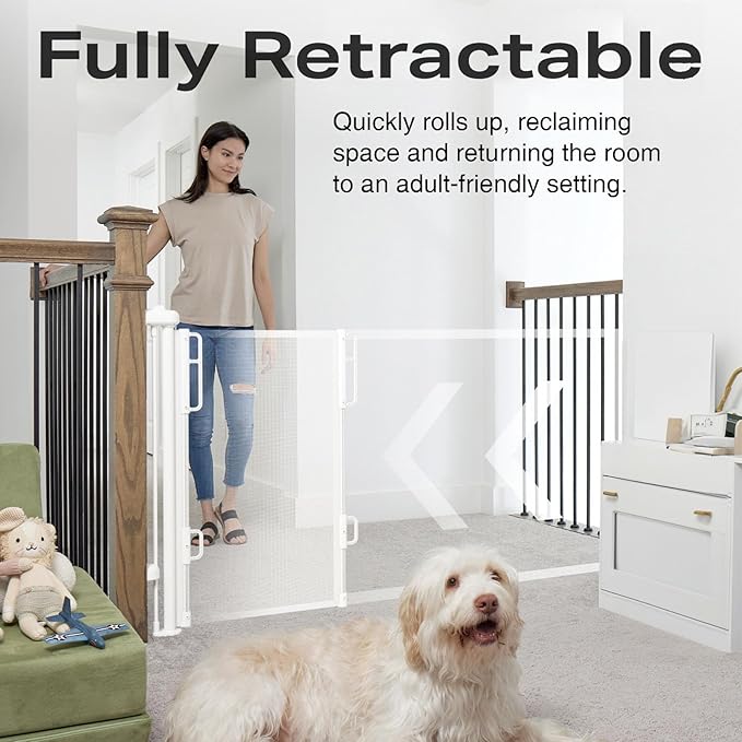 Cumbor 76" Wide Long Retractable Baby Gates for Stairs, Mesh Dog Gate for The House, 34" Tall Extra Wide Pet Gate for Dogs, Child Safety Gates for Doorways, Hallways, Cat Gate Indoor/Outdoor(White)-CubbioJoy