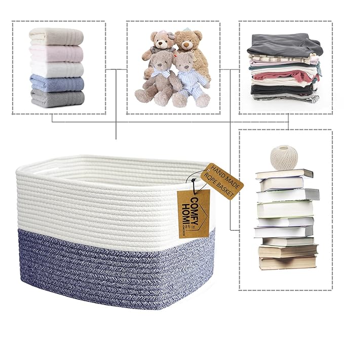 COMFY-HOMI 3 Pack Medium Cotton Rope Basket with Handles for Shelves, Dog Toy, Baby, Gift Organizing, Handwoven Craft - New Generation 13.5" x 11" x 9.5" (Navy Blue)-CubbioJoy