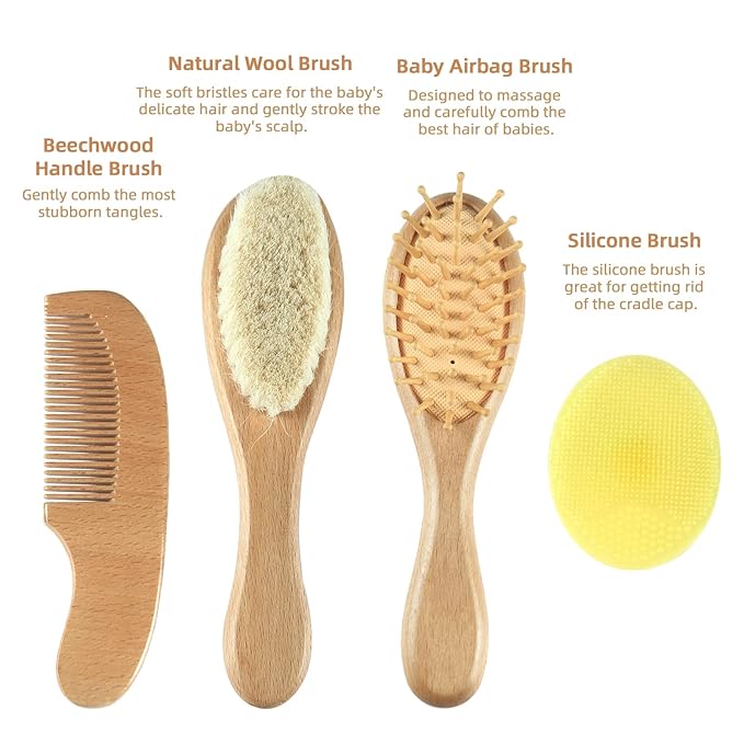 Baby Hair Brush and Comb Set (4-Piece) for Newborn - Wooden Baby Hairbrush Set，A Beechwood Brush, Baby Airbag Brush, Beech Handle Brush, and Prevent Cradle Cap Silicone Brush - Ideal Registry Gift-CubbioJoy