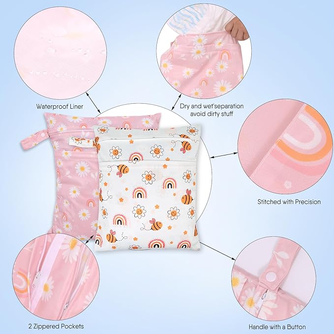 2pcs Travel Waterproof Laundry Bag, Cloth Diaper Wet Dry Bags with Handle & 2 Zipper Pockets, Reusable Washable Dirty Clothes Bag for Baby Adult Travelling Hanging, Bathing Beach Pool Daycare-CubbioJoy