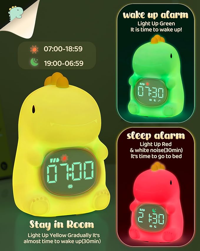 Dinosaus Alarm Clock for Kids with Night Light, Sleep Training Clock Time to Wake Clock, Rechargeable Silicone Light for Bedroom, Perfect Sleep Companion for Boys Girls-CubbioJoy