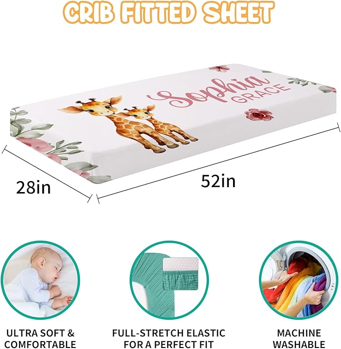 Custom Crib Bedding Set - Giraffe Design Personalized Name Baby Nursery Bed 3 Pcs Set - Chic Soft Blanket with Dotted Backing, Sheet, Pillowcase for Newborn Girls Boys Gifts Color20-CubbioJoy