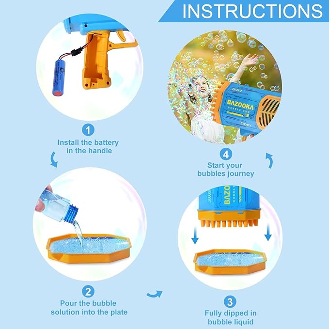 Bubble Gun Bazooka Machine with Solution - 69 Holes Blaster for Outdoor Summer Toy, Party Favors - Blue Bubble Maker Blowers for Kids-CubbioJoy