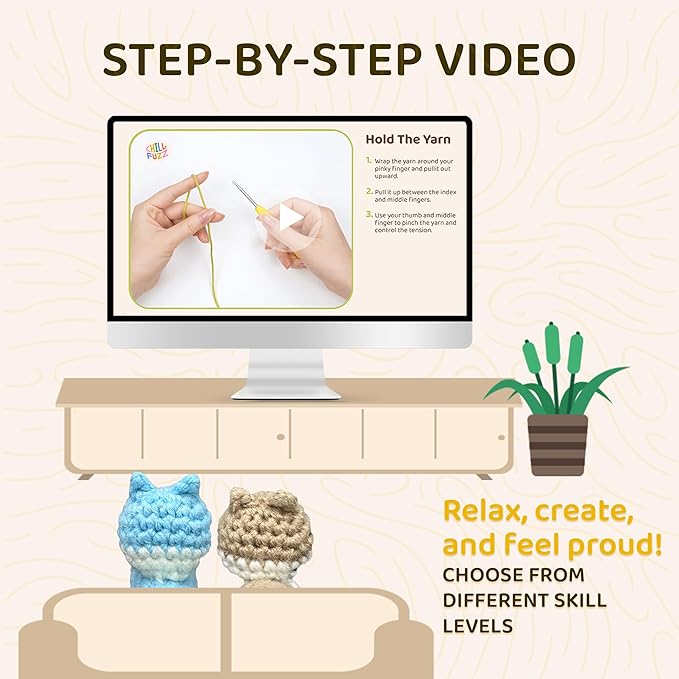 ChillFuzz Animal Crochet Kit Beginner Crochet Kit for Adults and Kids with Yarn Hook and Instructions Fun DIY Craft Gift Yoga Cat-CubbioJoy
