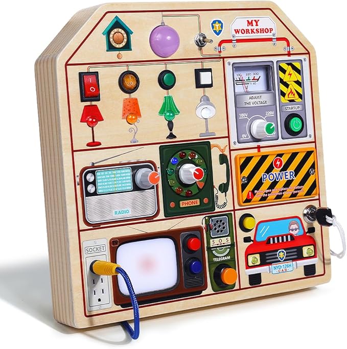 JAUNTY Montessori Wooden Busy Board for Toddlers 3 4 5 Years Old, Wooden Sensory Toddler Toys with LED Light Switches, TV Radio Telegram and Car Driving, Travel Toys Birthday for Boys Girls-CubbioJoy